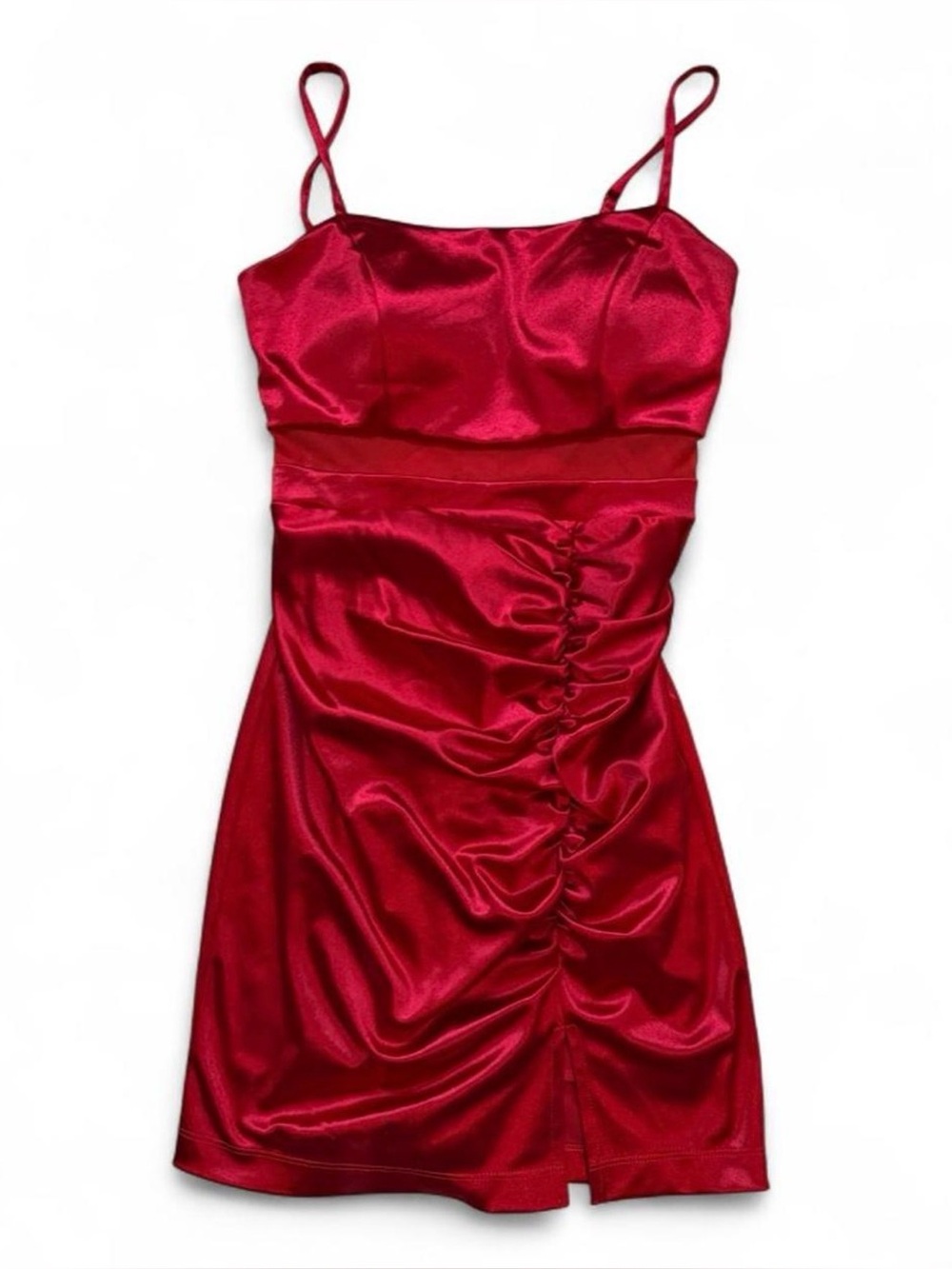Red Satin Mini Dress With Little Ruching & Adjustable Strap
